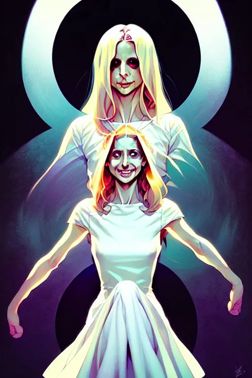 Prompt: artgerm, joshua middleton comic cover art, pretty ghost sarah michelle gellar entire full body, floating, creepy smile, white dress, friendly, translucent skin, symmetrical eyes, symmetrical face, middle shot, long white hair, inside haunted house