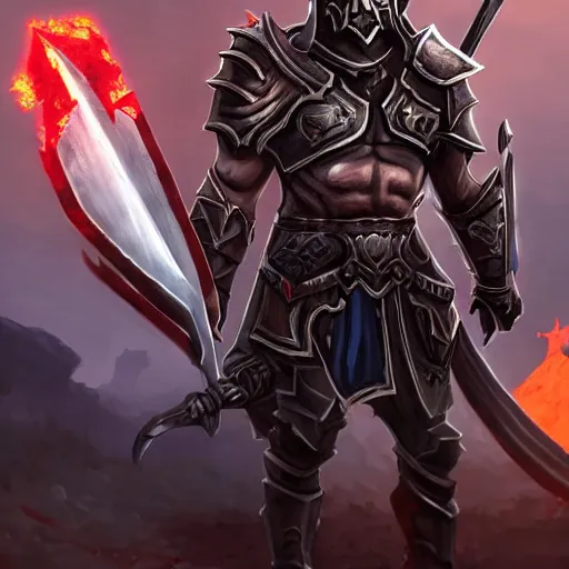 Prompt: Ares with heavy armor and sword, greek war god, dark sword in Ares's hand, war theme, bloodbath battlefield, hot coloring, hearthstone art style, epic fantasy style art, fantasy epic digital art, epic fantasy card game art