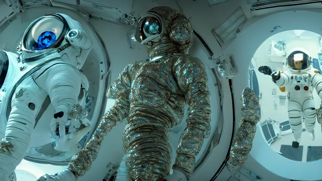 Prompt: a cybernetic symbiosis of a single astronaut eva suit with diamond 3d fractal lace iridescent bubble 3d skin covered with insectoid compound eye camera lenses floats through the living room, film still from the movie directed by Denis Villeneuve with art direction by Salvador Dalí, wide lens,