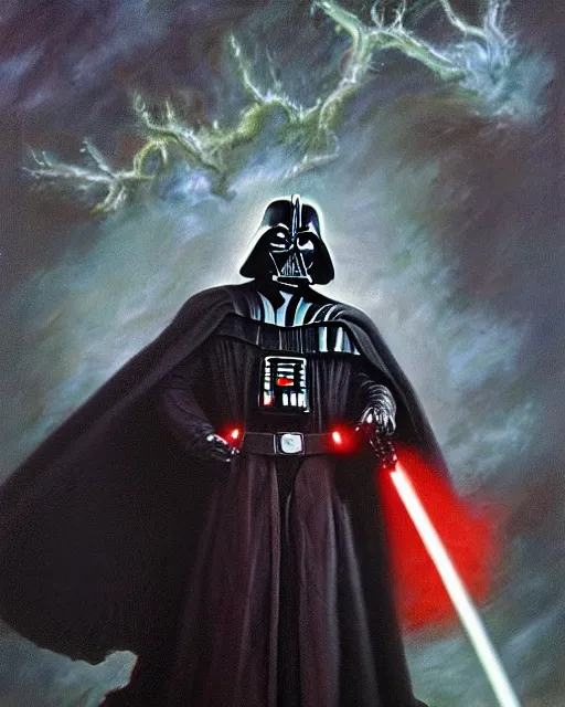 Image similar to portrait of Darth Vader as a powerful dungeons and dragons warlock, wearing dark robe, intricately detailed, lovecraftian, realistic, oil painting, by jeff easley, boris vallejo, cinematic lighting