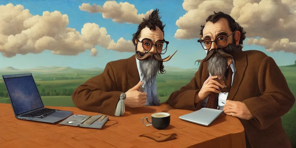 Prompt: goofy man with a brown beard, oversized brown mustache, glasses, plaid shirt, : : apple laptop in his lap, golden hour, wisps of smoke, mystical yet whimsical. style of magritte, by bosch, in the style of salvador dali, digital art, trending on artstation, highly detailed, surreal