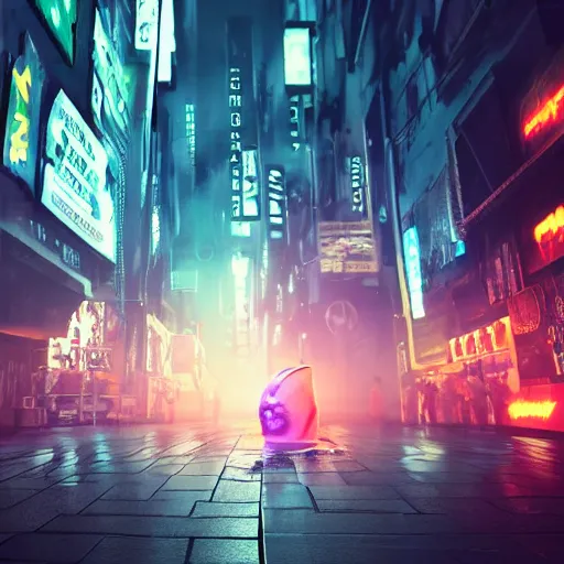 Image similar to Halloween ghost under a sheet, floating ghost, floating over futuristic metropolis sidewalk, at night, bright neon city lights, blade runner, trending on artstation, matte finish, volumetric lighting, 8k, 4k