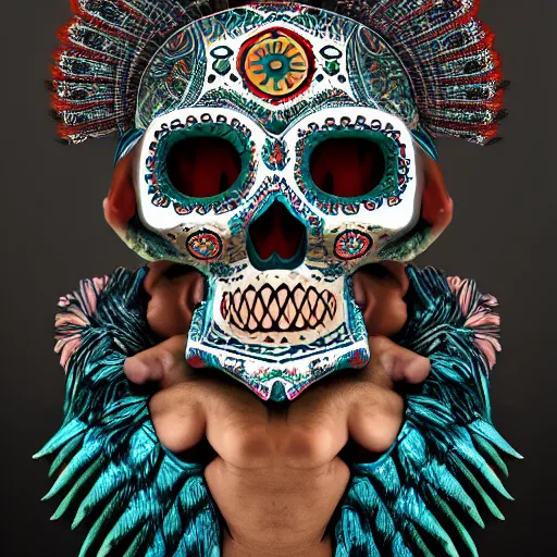 Prompt: new born baby, self - portrait, symmetry, intricate, dia de los muertos, skull mask, aztec ultra detailed feathered dress, 8 k resolution,