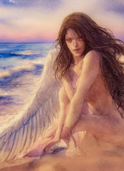 Image similar to portrait, An angel on the beach watching the sun set, watercolor, dramatic lighting, cinematic, establishing shot, extremely high detail, foto realistic, cinematic lighting, pen and ink, intricate line drawings, by Yoshitaka Amano, Ruan Jia, Kentaro Miura, Artgerm, post processed, concept art, artstation, matte painting, style by eddie mendoza, raphael lacoste, alex ross