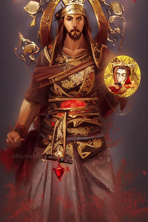 Prompt: A card with description and status of samurai Jesus Christ as a DOTA 2 character holding a Sacred Heart armor and katana, card game, card, trade card game, Artifact Dota2, by Stanley Artgerm Lau, WLOP, Rossdraws, James Jean, Andrei Riabovitchev, Marc Simonetti, Yoshitaka Amano, ArtStation, CGSociety,