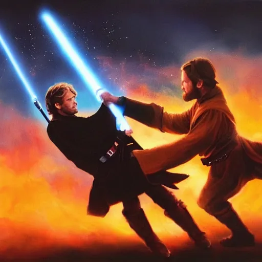 Prompt: a beautiful painting of anakin skywalker fighting obi - wan kenobi except anakin has the high ground. 4 k, epic, ultra realistic, colourful, lava, dark clouds, dramatic,