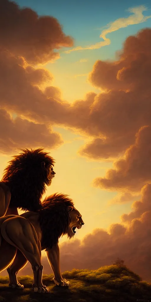 Prompt: muscular oversized lion animal as barbarian hunter with weapon and anthropomorphic human oversized mutant proportions and very hairy body , backlight body , extreme very textured detailed panoramic painting by andreas rocha , silhouette over sunset, dramatic clouds and cyan atmosphere