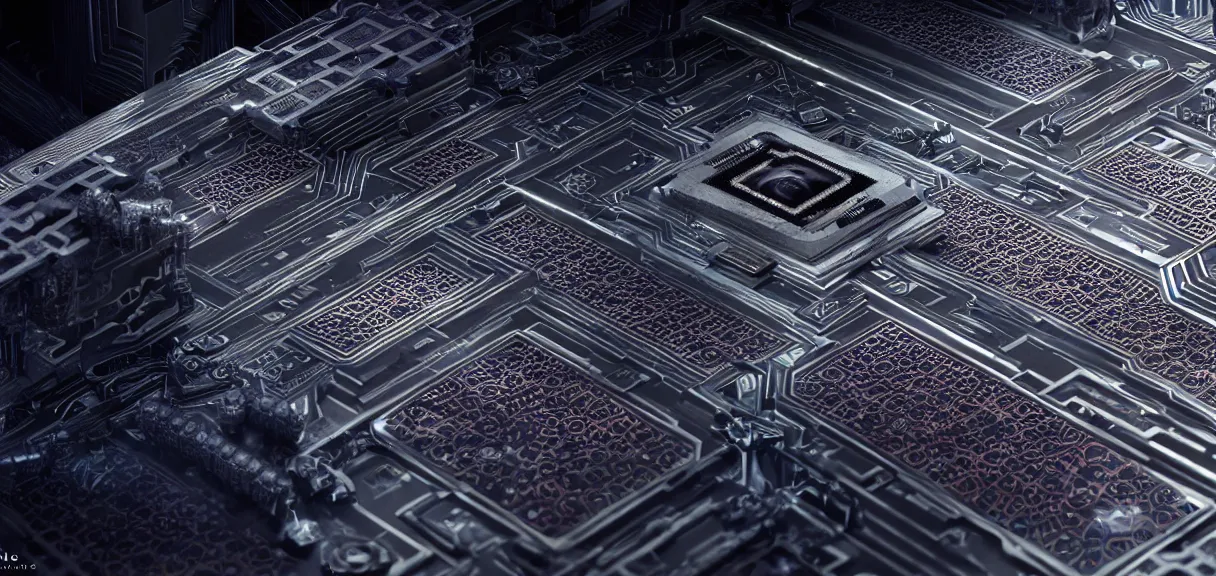 Image similar to fractal motherboard, greg rutkowski, esuthio, craig mullinshyper, scifi, symmetry fractal, octane render, detailed realistic 8 k,