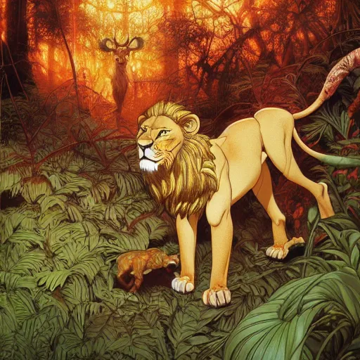 Image similar to prompt : lion following a deer in the jungle soft light painted by james jean and katsuhiro otomo and erik jones, inspired by akira anime, smooth face feature, intricate oil painting, high detail illustration, sharp high detail, manga and anime 1 9 9 9