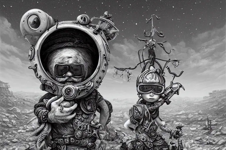 Prompt: a highly detailed forgotten garden gnome wearing goggles and head scarf surviving in a vast barren desert, hopeless wasteland background with a relentless raging sun overhead, post - apocalyptic road warrior vibe, dynamic pose, an ultrafine detailed painting by joe fenton, trending on deviantart, pop surrealism, whimsical, lowbrow, perfect symmetrical face, sharp focus, octane, masterpiece