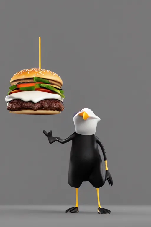 Image similar to a mc donalds commercial with a 3d Crow holding a Burger , commercial, 3d render, Mc donalds, 4k, sharp, by Beeple, Octane Render, cinema 4d