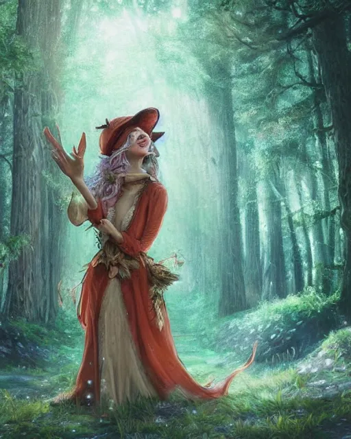 Image similar to Fox opera singer singing in forest, portrait, wearing hat, magical notes, fairy atmosphere, magic the gathering artwork, D&D, fantasy, cinematic lighting, centered, symmetrical, highly detailed, digital painting, artstation, concept art, smooth, sharp focus, illustration, volumetric lighting, epic Composition, 8k, art by Akihiko Yoshida and Greg Rutkowski and Craig Mullins, oil painting, cgsociety