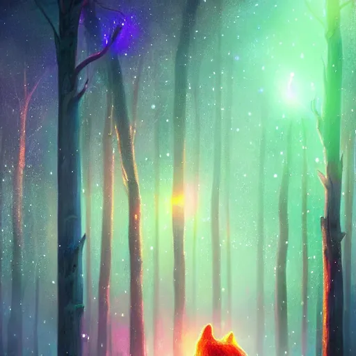 Prompt: beautiful picture of a magical lights and fireflies glowing with different colours everywhere in a blizzard in an enchanted beautiful forest, fantasy art, trending on artstation, cgsociety, nice composition, great fantasy mood