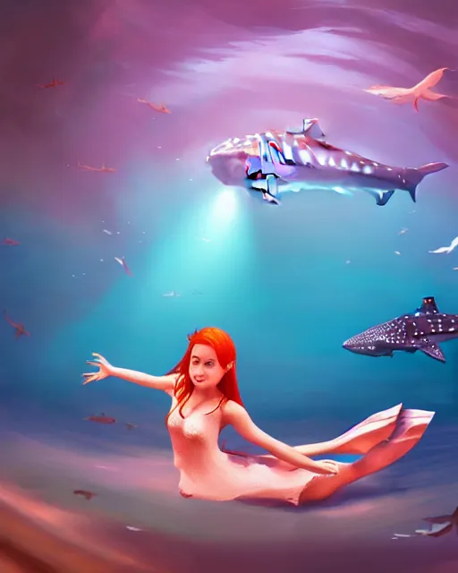 Image similar to whale shark dance with redhead girl, radiant lighting, cinematic, artstation