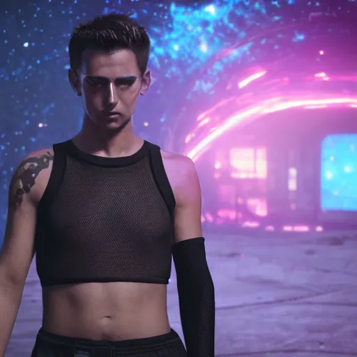 Image similar to A beautiful boy wearing a black mesh crop top and black shorts standing in a mad max cage. The boy is surrounded by a colorful nebula. Cyberpunk, Digital Art, unreal engine 5, 50mm, f2.8