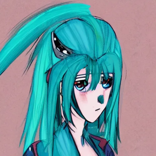 Image similar to concept art of a girl with teal, messy hair that has knives instead of hands, character design, by ross draws, anime style