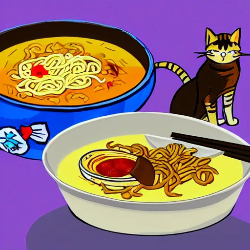 Prompt: Cat eating a bowl of ramen in The Legend of Zelda Breath of the Wild, toon shading, npr