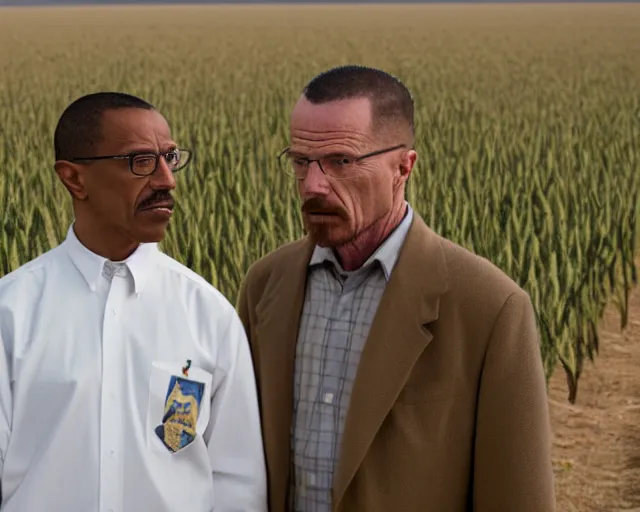 Prompt: extreme long shot of walter white and gustavo fring stand facing each other from a distance in a wheat field, side view, 3 5 mm photograph, 8 k resolution, wide shot, sharp lens