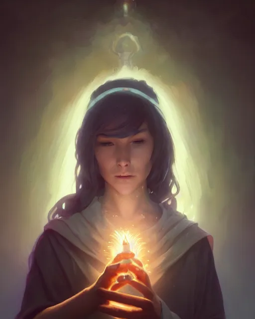 Image similar to highly detailed vfx portrait of a mage casting a light spell, unreal engine, greg rutkowski, loish, rhads, beeple, makoto shinkai and lois van baarle, ilya kuvshinov, rossdraws, tom bagshaw, alphonse mucha, global illumination, detailed and intricate environment