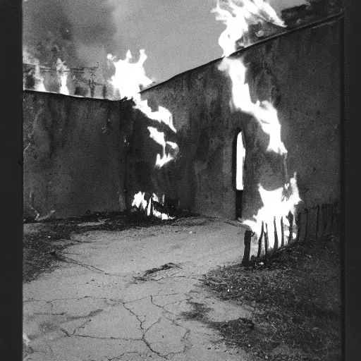 Prompt: old polaroid of a realistic gateway to hell, there flames everywhere, black and white