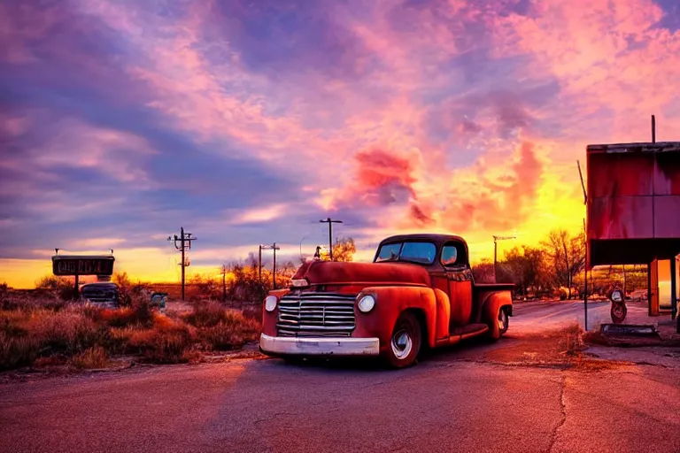 Image similar to a sunset light landscape with historical route 6 6, lots of sparkling details and sun ray ’ s, blinding backlight, smoke, volumetric lighting, colorful, octane, 3 5 mm, abandoned gas station, old rusty pickup - truck, beautiful epic colored reflections, very colorful heavenly, softlight