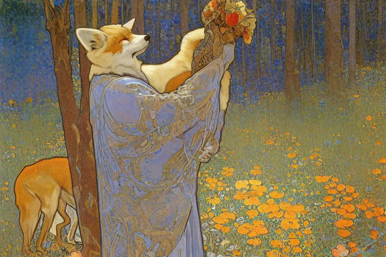 Image similar to landscape art nouveau painting of an old man dressed as a farmer and his fox in the forest, by alphonse mucha and gustav klimt and antoni gaudi, masterpiece,, warm shades of blue, silver, orange, gold, and pink, oil painting, high resolution, very detailed, oil on canvas