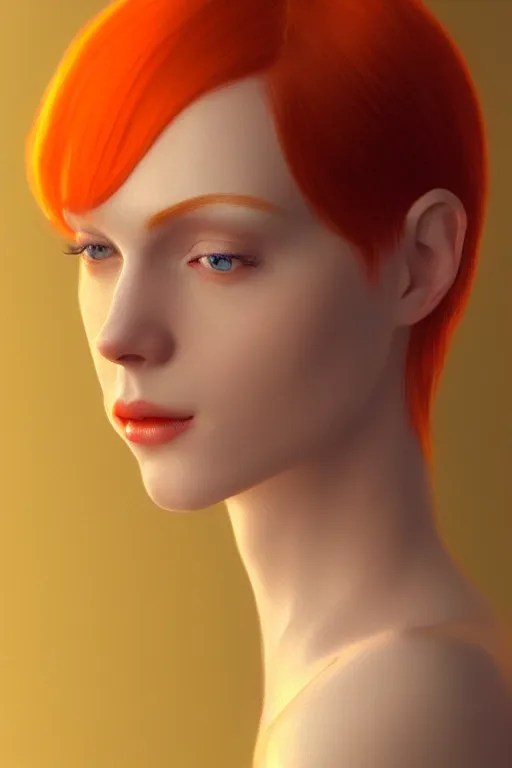 Image similar to Portrait of a beautiful pale skin Nordic female with short orange hair, elegant, photorealistic, highly detailed, artstation, smooth, sharp focus, gold ornaments, neon lighting, sci-fi, art by Klimt.