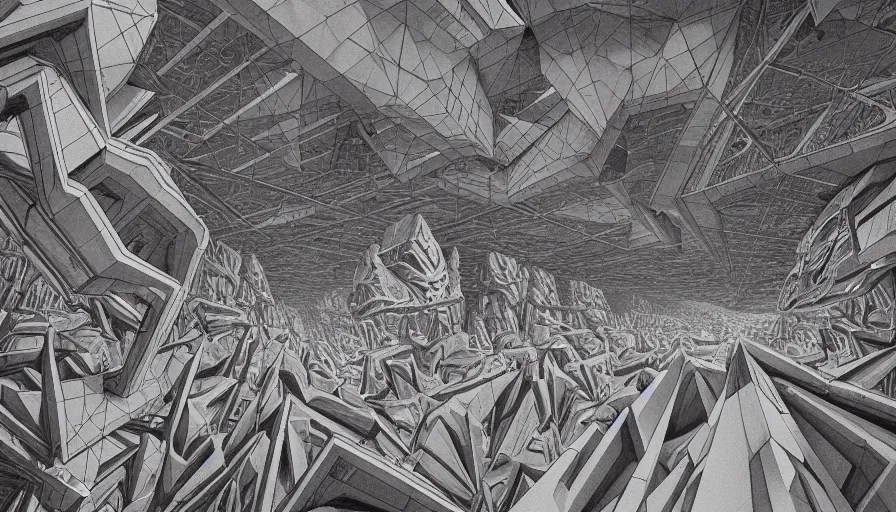 Prompt: the depths of a vast artificial world with massive towering pillars holding the ceiling of the incredibly geometric landscape up, detailed, cobalt coloration, energetic beings patrolling, extreme depth, wayne barlowe and mc escher collaboration, abyss, colossal hovering machine automations of brutalist design visible in the foreground