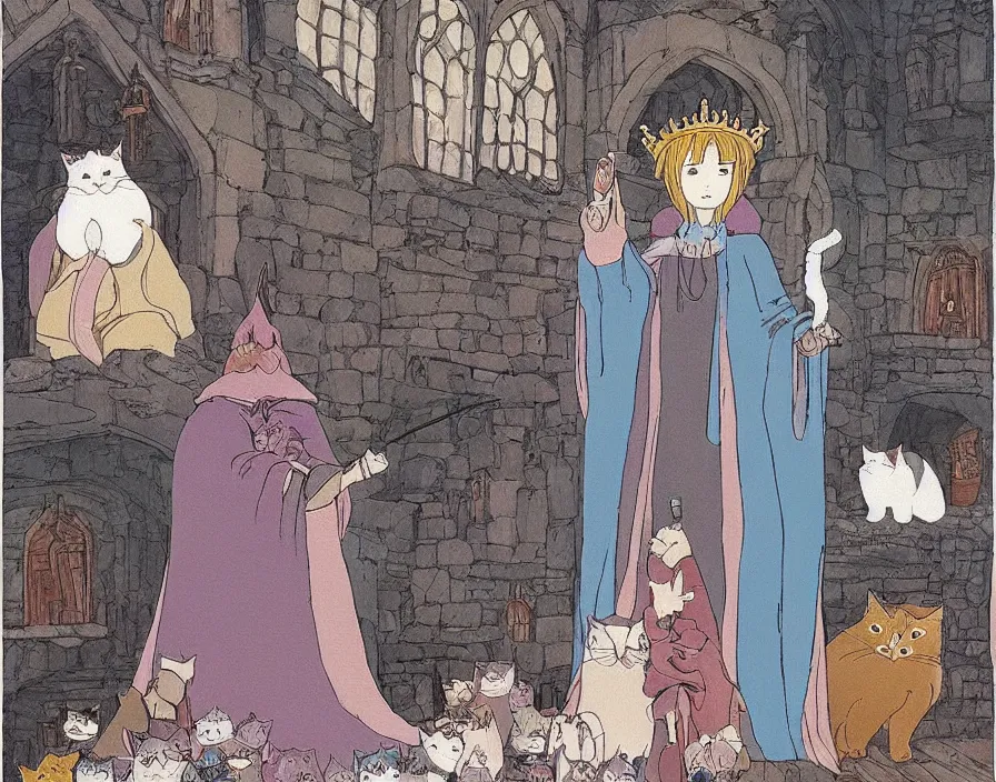 Image similar to a cute old witch queen wearing a heavily embroidered velvet cloak, surrounded by fluffy cats, in a old medieval castle, by hayao miyazaki, studio ghibli, anime masterpiece, sharp, wide angle shot, head to toe, standing pose, feet on the ground