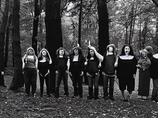 Prompt: a group of identical people standing in a forest staring at the viewer, uncanny faces, night, b&w, vhs footage