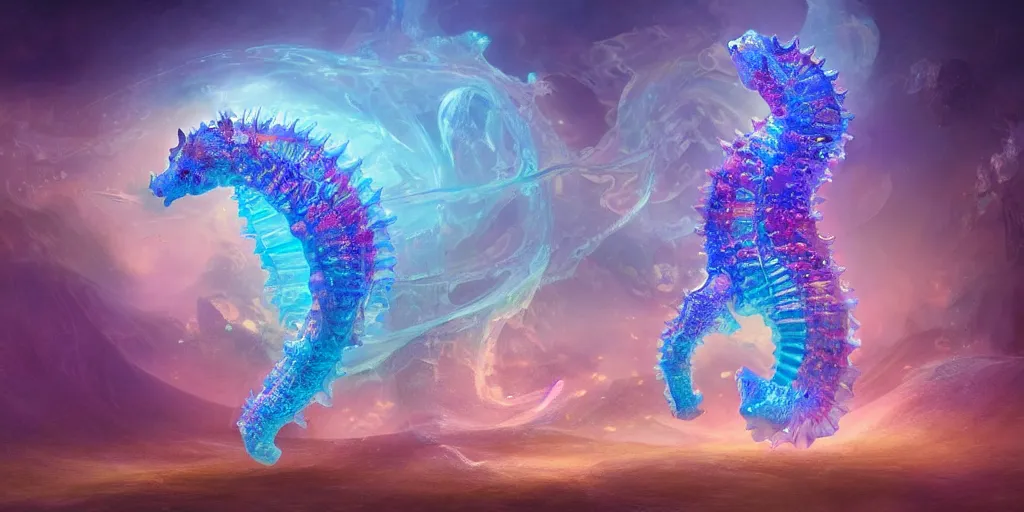 Prompt: concept art of translucent glowing seahorse dancing, big booty, flowy, melting, round moon, swirly clouds, very detailed, volumetric light, mist, fine art, textured oil over canvas, dragons, epic fantasy art, very colorful, ornate intricate scales, gold skulls, fractal gems, 8 k, hyper realistic, high contrast