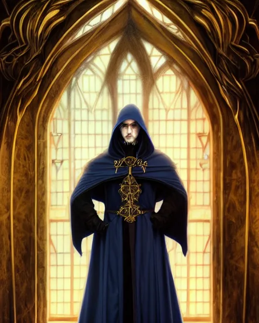Prompt: handsome mage at the end of time, long black hair blue eyes wearing cloth mantle gothic navy cloak with gold details, castle town, fantasy character portrait, ultra realistic, intricate, elegant, cinematic lighting, highly detailed, digital painting, artstation, smooth, sharp, focus, illustration, art by artgerm and greg rutkowski and alphonse mucha