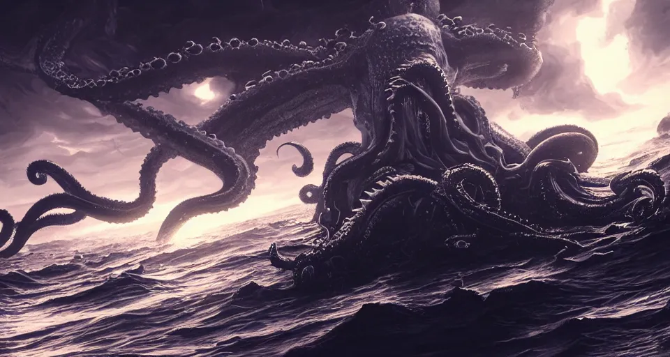 Prompt: A wide shot of a kraken with sharp translucent fangs swimming in space art by Maciej Kuciara and Jason Chan, ominous, cosmic horror, trending on artstation, Ultra detailed, hyper realistic 4k