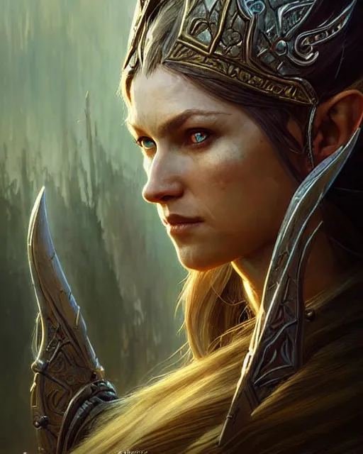 Image similar to fierce female elven warrior, fantasy character portrait, ultra realistic, concept art, intricate details, highly detailed, wide angle, by greg rutkowski, gaston bussiere, craig mullins, simon bisley