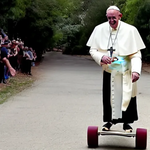 Prompt: trail cam footage of pope Francis popping a wheelie on a skateboard