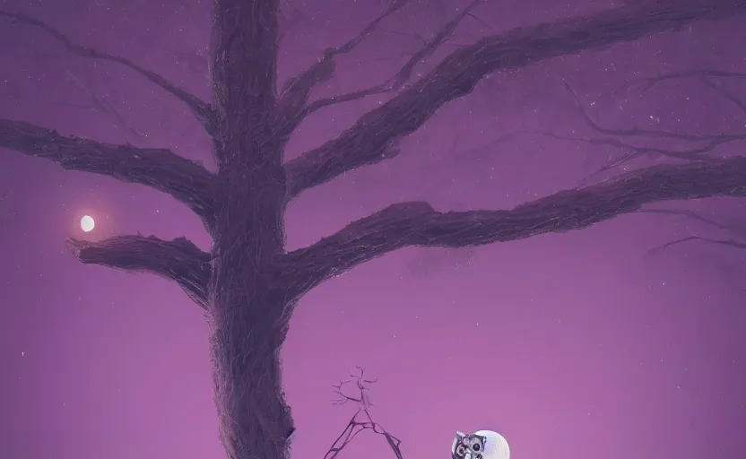 Prompt: owl in tree with moon from the anime soul eater staring down and the sky is purple, low level, rendered by beeple, makoto shinkai, syd meade, simon stalenhag, synthwave style, digital art, unreal engine, wlop, trending on artstation, 4 k uhd image, octane render,