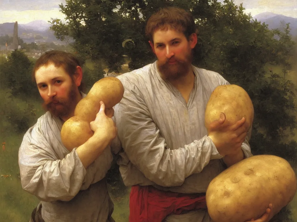 Image similar to irish man holding a big potato, bouguereau