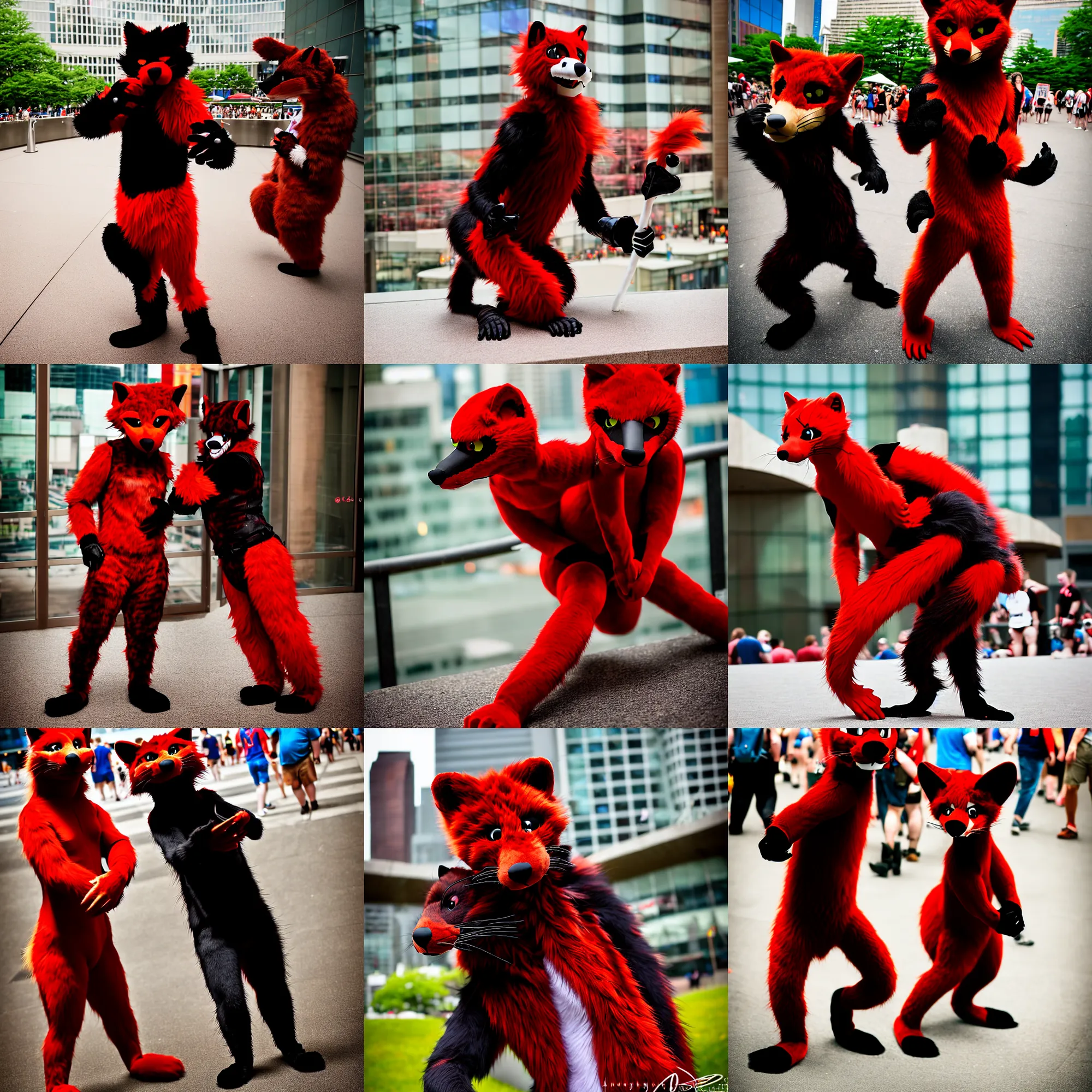Prompt: fullbody photoshoot photo portrait of a roguish male red - black furred weasel furry fursuiter ( wearing tail ), taken at anthrocon ( furry convention )