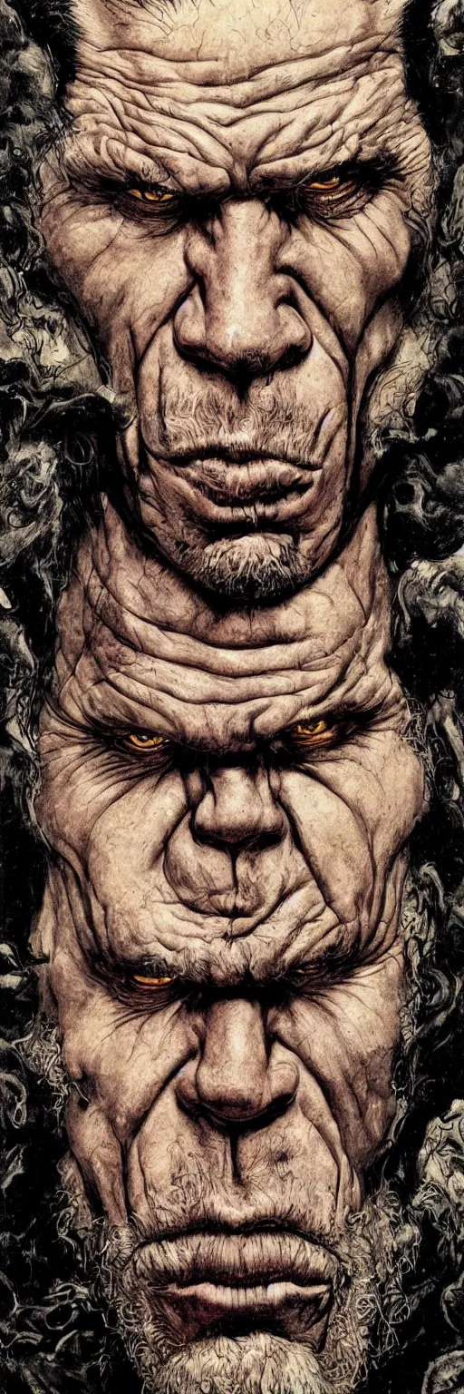 Prompt: menacing dark grim portrait of ron perlman by bisley, fabry, moebius and klimt, close up, attitude, western