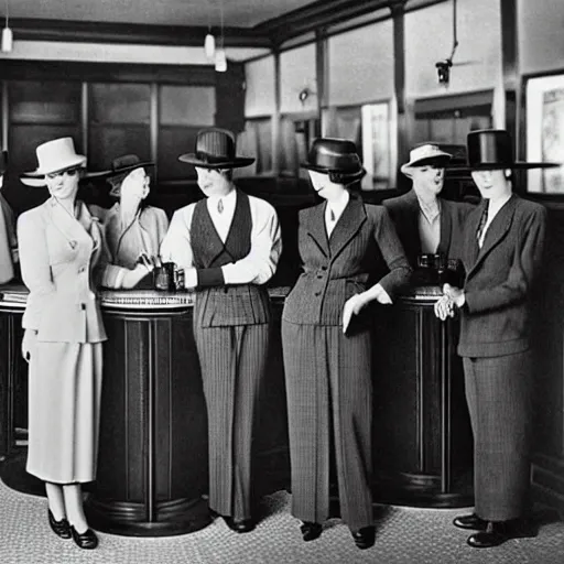 Prompt: business people standing at the bar in 1 9 4 0, top hats, business suits, beer, art deco style, simple shapes