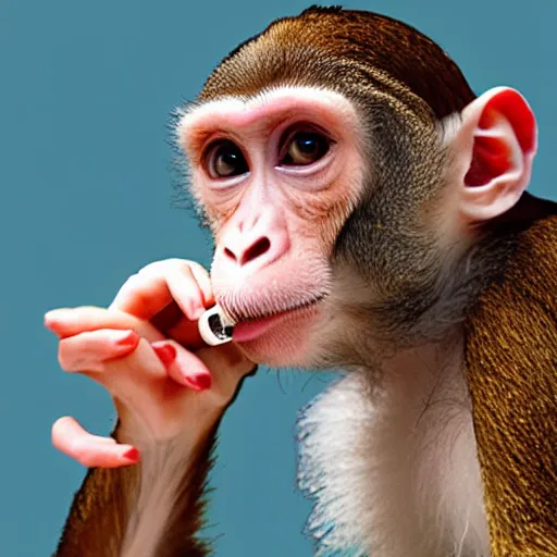 Prompt: photo of a puzzled monkey sipping wine from a glass, with a donut in hand and a bottle of wine