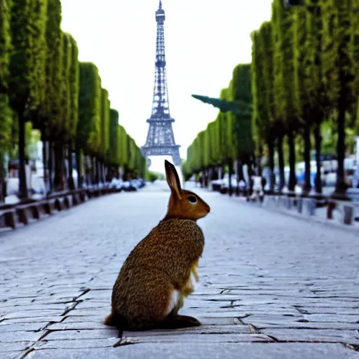 Image similar to a rabbit sitting on a street in paris, the eiffel tower is visible in the background, in the style of van gogh