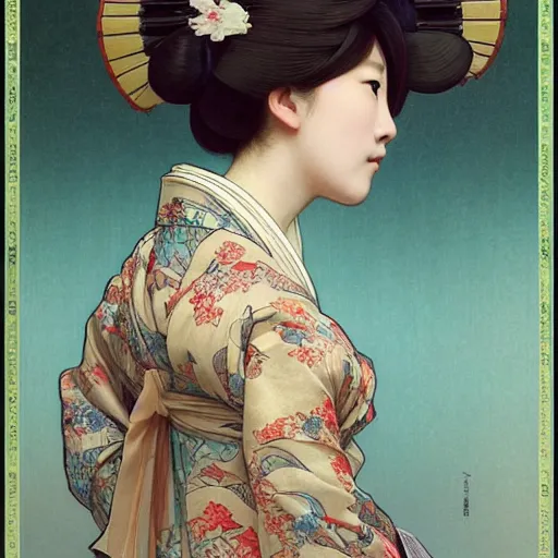 Image similar to beautiful japanese woman wearing a kimono, intricate, art by artgerm and greg rutkowski and alphonse mucha and william - adolphe bouguereau, high detailed, 4 k,