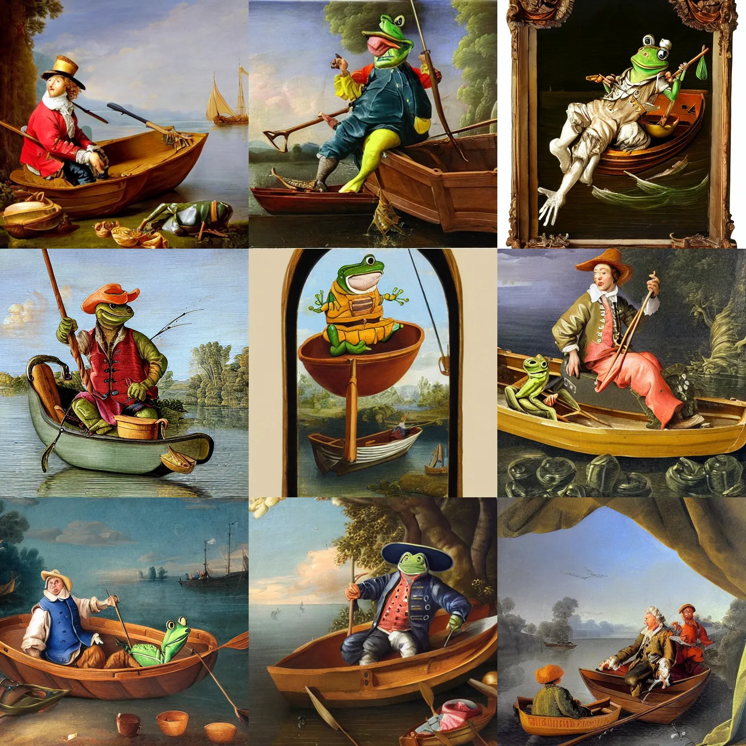 Prompt: a frog in a fisherman's outfit, sitting in a rowboat, rococo painting, lighthearted atmosphere, rule of thirds