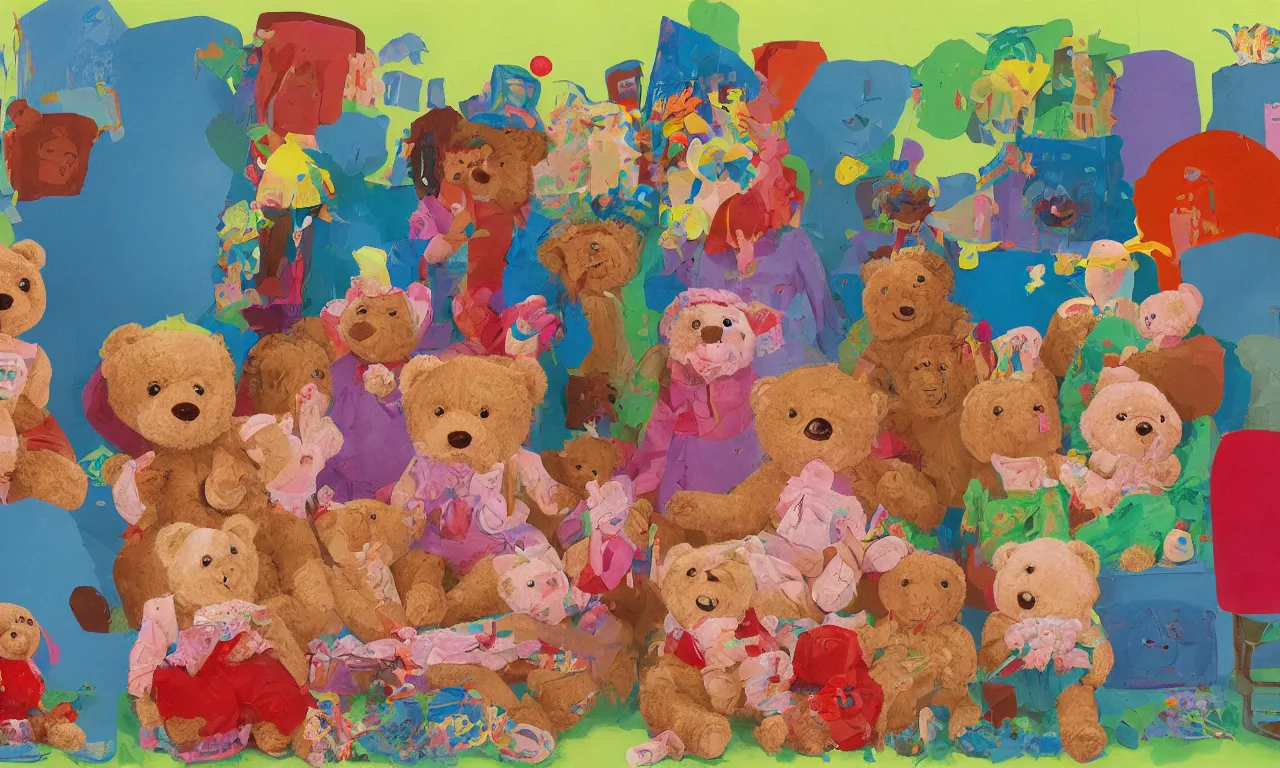 Prompt: a teddy bear birthday party, from the terrifying and incomprehensible beyond, body horror, by david hockney, technicolor