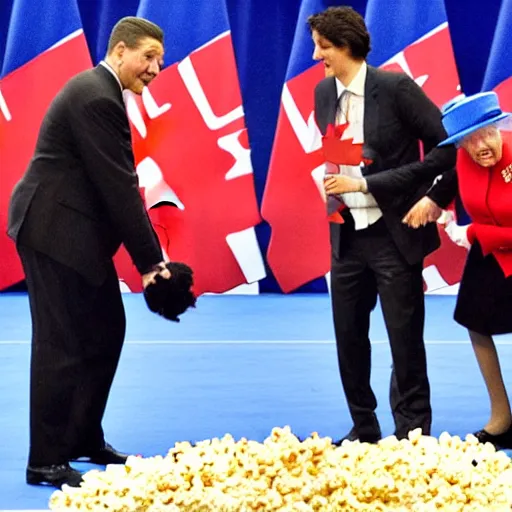 Image similar to photo of the Queen of England body slamming Xi Jinping while Justin Trudeau eats popcorn,