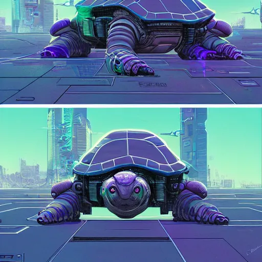 Image similar to Long shot of cyberpunk turtle cyborg on the street of a cyberpunk city, view from bottom to top, 150 mm lens, art by Josan Gonzalez, sci-fi, highly detailed, digital painting, artstation, smooth, sharp focus, illustration, concept art by Josan Gonzalez and James Gurney and Mœbius