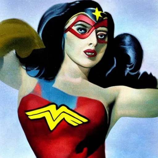 Image similar to Buxom Lady Gaga as Wonder woman, by Salvador Dali.