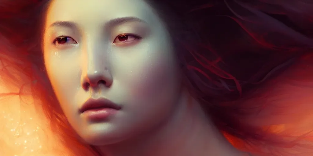 Image similar to close up face portrait of a beautiful woman laying down inside a sentetic fluid, dim light, extremely detailed digital painting, in the style of fenghua zhong and ruan jia and jeremy lipking and peter mohrbacher, mystical colors, rim light, beautiful lighting, 8 k, stunning scene, raytracing, octane, trending on artstation