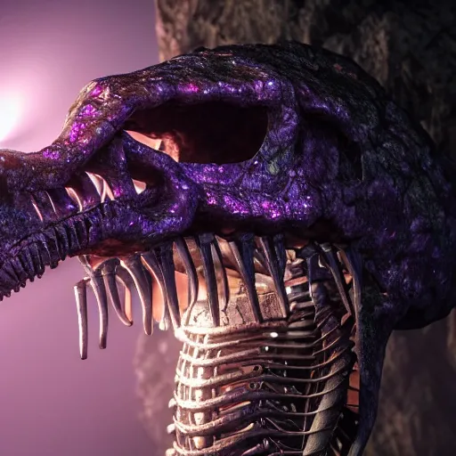 Prompt: full shot portrait of tiny dinosaur skeleton lying in a cave covered in shiny crystals, detailed, unreal engine 4k volumetric light, fog, purple color palette
